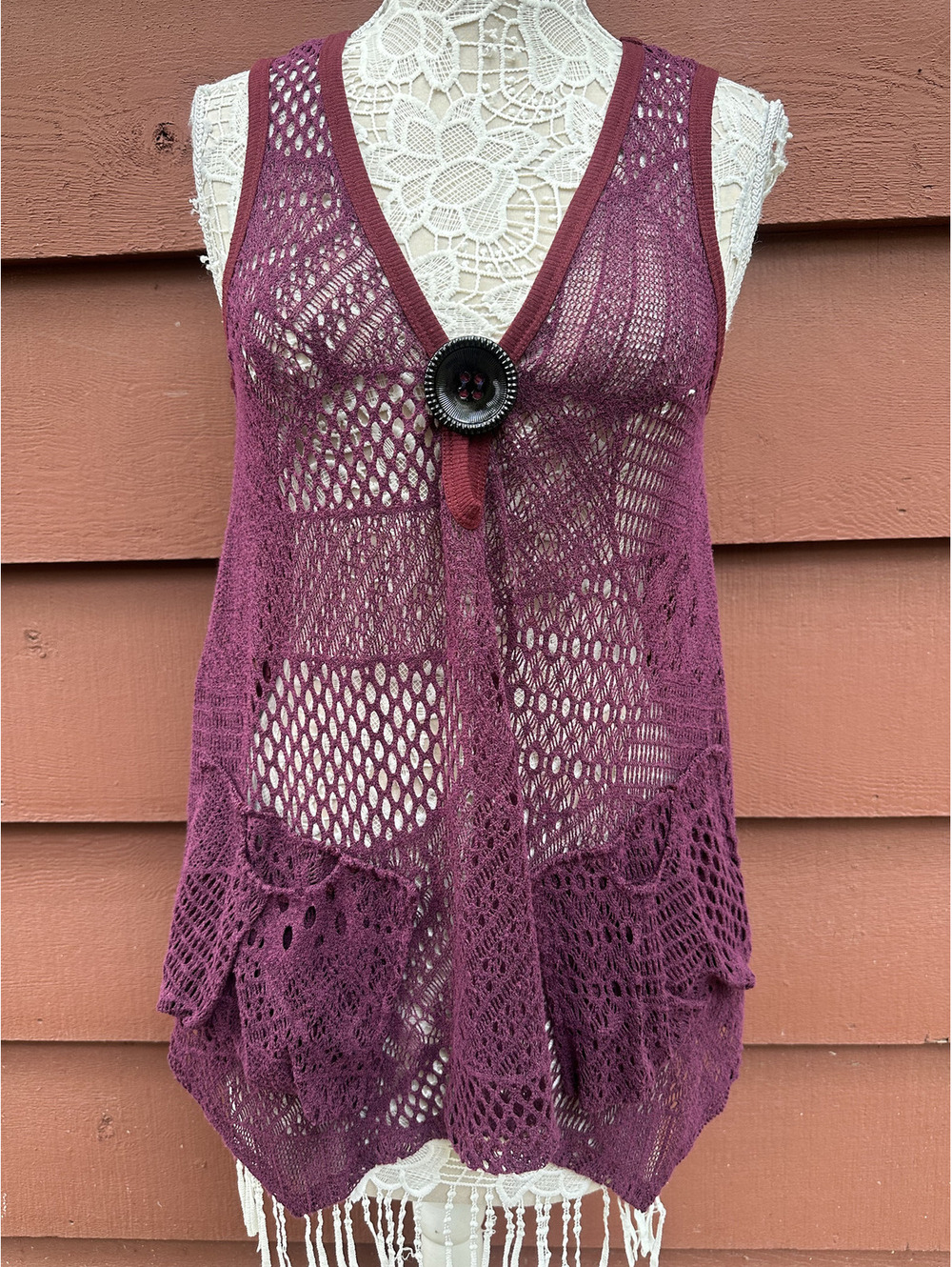 Lily By Firmiana Bohemian Crochet Vest Purple Burgundy Y2K Fairycore